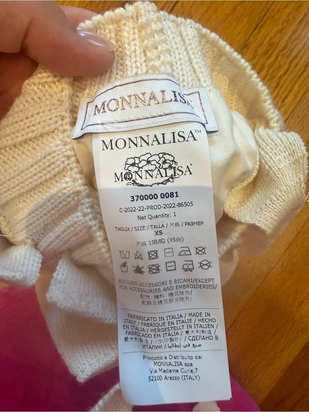 MonnaLisa Cream Knit Bow Baby Bonnet with Ties